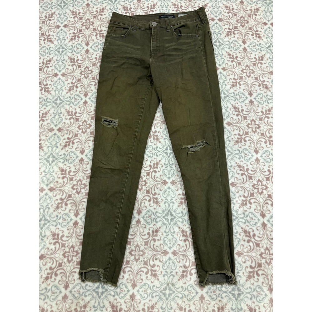 Aeropostale High Waisted Jegging Olive Green Distressed Frayed Hem Skinny Size 6